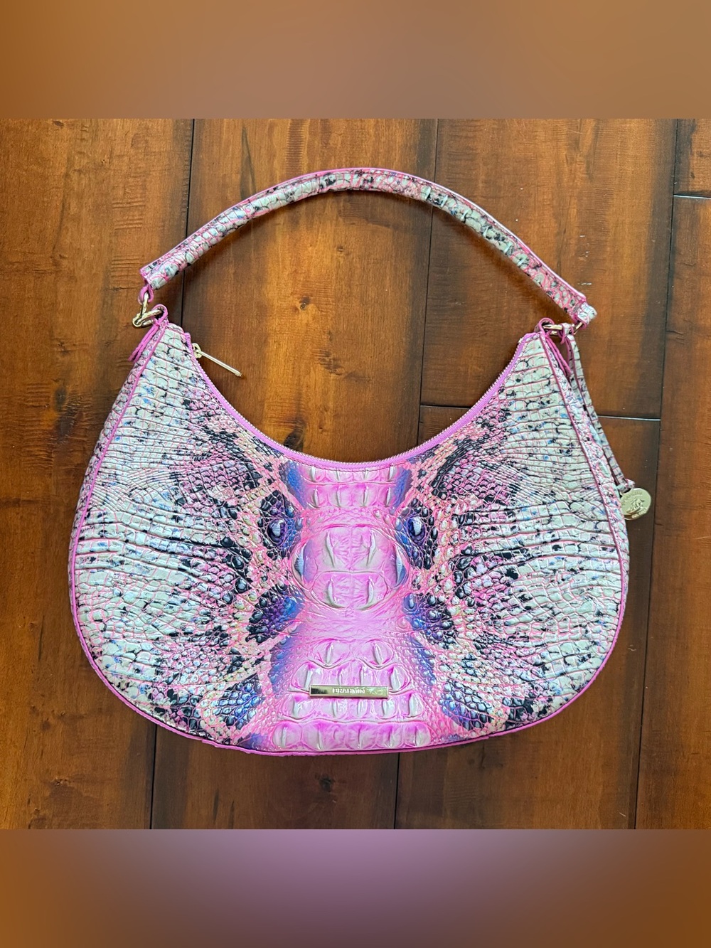 Brahmin Pink Croc-Embossed Shoulder Bag with Iridescent Accents